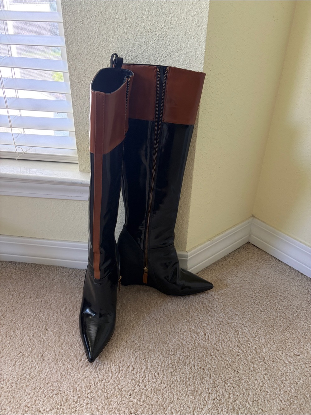 Derek Lam Italy Mila Black/Brown Leather Wedge Knee-High Boot